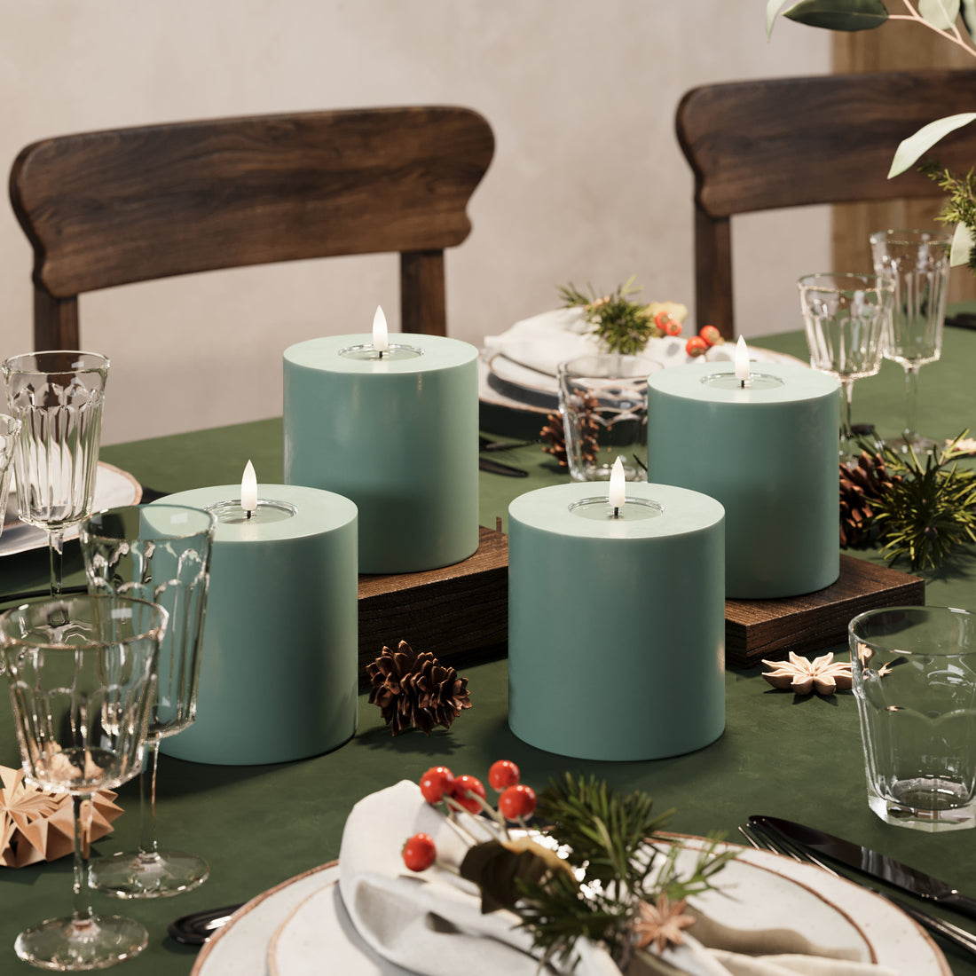 LED Pylväskynttilä Ø 10 x 10 cm Jadevihreä - 4 kpl