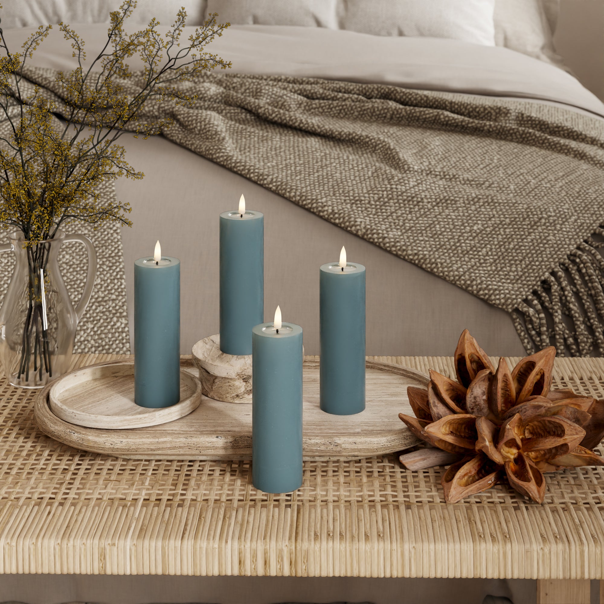 LED Pylväskynttilä Ø 5 x 15 cm Jadevihreä + 4 kpl