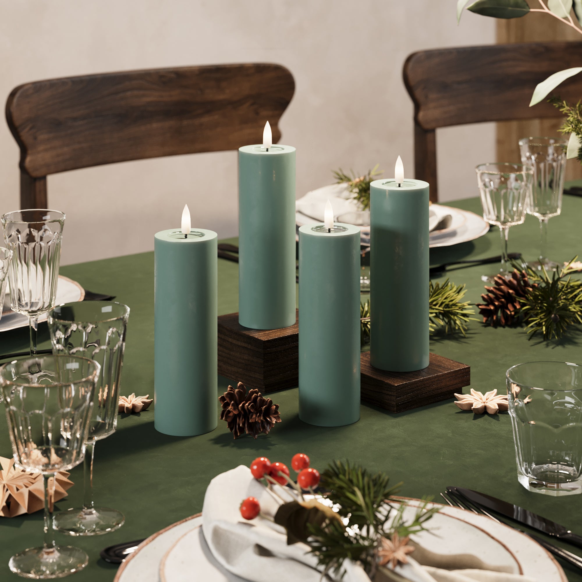 LED Pylväskynttilä Ø 5 x 15 cm Jadevihreä + 4 kpl