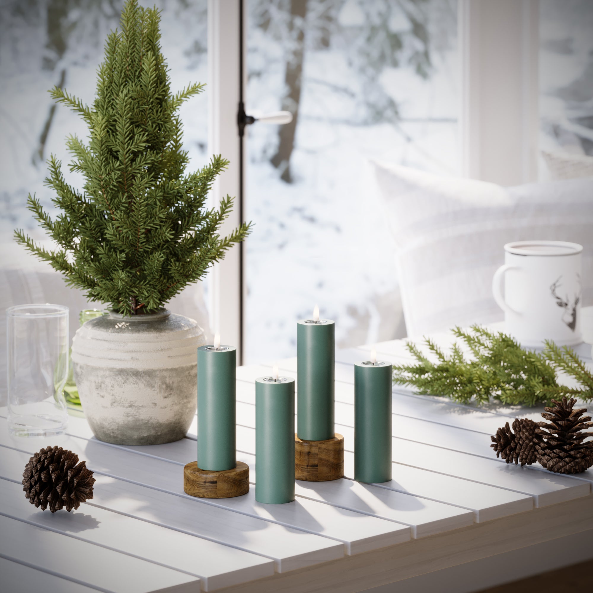 LED Pylväskynttilä Ø 5 x 15 cm Jadevihreä + 4 kpl