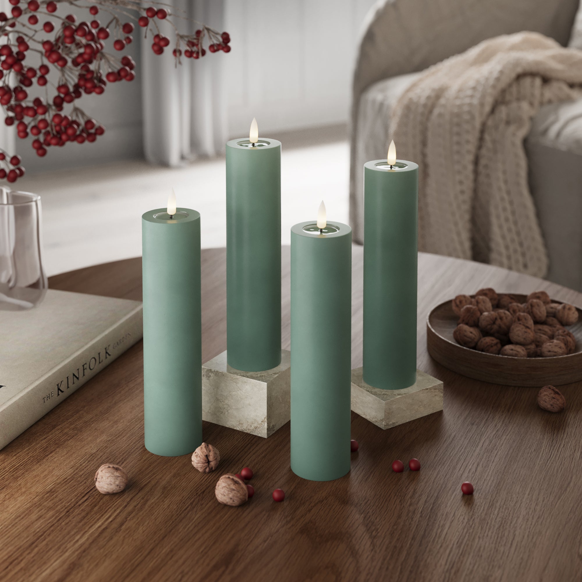 LED Pylväskynttilä Ø 5 x 20 cm Jadevihreä - 4 kpl