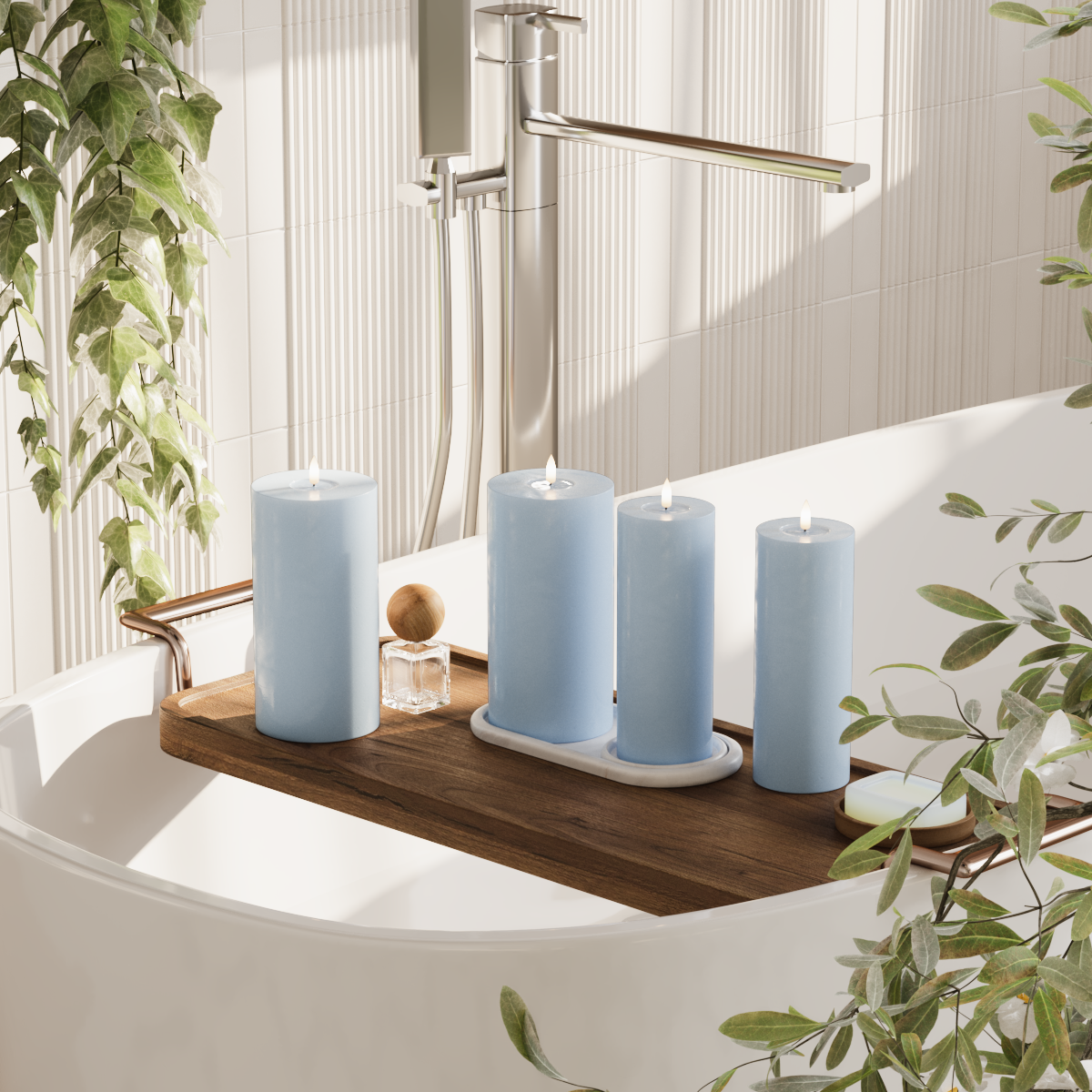 Deluxe Homeart LED Pylväskynttilä paketti - Jääsininen - 2x 7,5 x 20 | 2 x 10 x 20 cm paketti 2